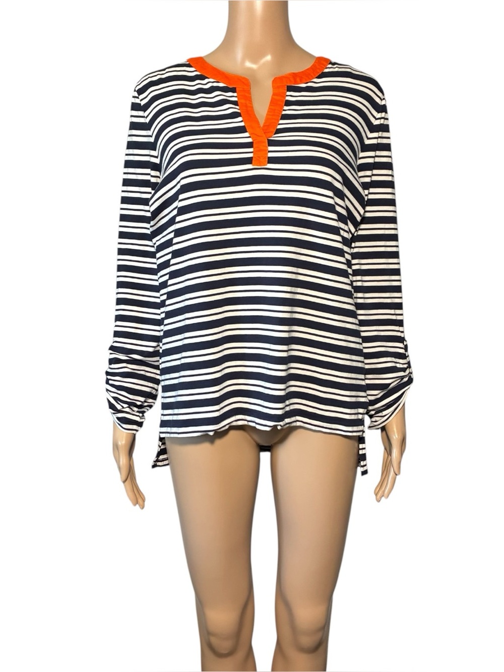 Jones New York Signature Women's Tunic Blouse L Striped Pullover 1/4 Opening